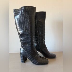Women's Black Croc-Embossed Knee Boots